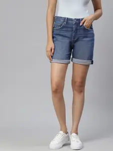Marks & Spencer Women Blue High-Rise Boyfriend Denim Shorts
