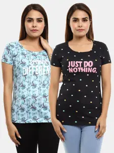V-Mart Women Blue & Black Typography 2 Printed T-shirt