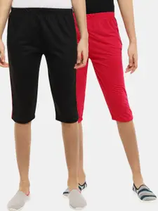 V-Mart Women Set of 2 Fuchsia & Black Solid Lounge Shorts