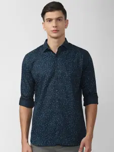 V Dot Men Navy Blue Slim Fit Printed Casual Shirt