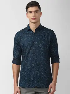 V Dot Men Navy Blue Slim Fit Floral Printed Pure Cotton Casual Shirt