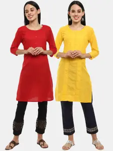 Desi Mix Yellow & red Women Ethnic Solid Cotton Round Neck Kurta{pack of 2}