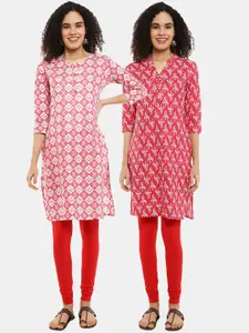 Desi Mix Women Pink Cotton  Printed  Cambric Kurta{Pack of 2}