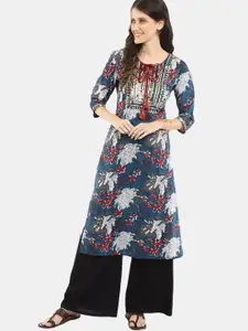 Desi Mix Women Blue cotton Floral Cambric  Round Printed  Kurta