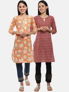 Desi Mix Women Orange& maroon  Floral Printed Thread Work Kurta{Pack of 2 }