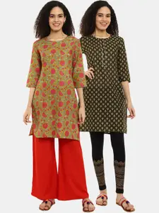 Desi Mix Women Green Floral Printed Flared Sleeves[PACK OF 2]Kurtas