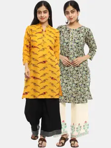 Desi Mix Women Yellow cotton   Floral Printed Thread Work Pathani Kurta [PACK OF 2 ]