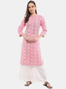 Desi Mix Women Pink cotton woven design regular  Sleeves Thread Work Kurta