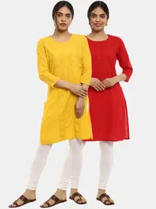 Desi Mix Women Yellow Thread Work Kurta[PACK OF 2]