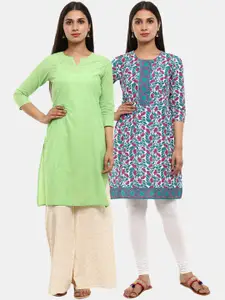 Desi Mix Women Pack of 2 Green & Teal Floral Printed Cotton Straight Kurta
