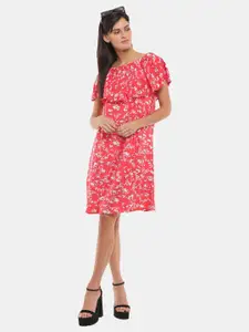 V-Mart Red Floral Satin A-Line Dress