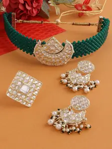 Zaveri Pearls Gold-Plated White & Green Stone-Studded & Pearl Beaded Choker Jewellery Set With Ring