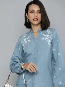 Flying Machine Blue & White Floral Embroidered Pure Cotton Denim Shirt Style Top