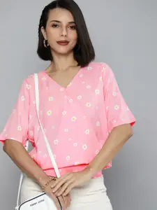 Flying Machine Women Pink & White Floral Printed Wrap Top