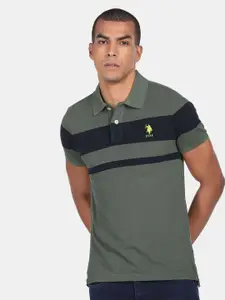 U.S. Polo Assn. U S Polo Assn Men Green Striped Polo Collar T-shirt