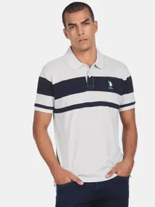 U.S. Polo Assn. U S Polo Assn Men Grey & Navy Blue Striped Polo Collar T-shirt