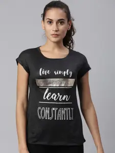 LAYA Women Black Typography Printed T-shirt