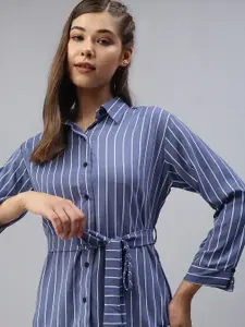 SHOWOFF Women Blue Comfort Slim Fit Striped Casual Shirt