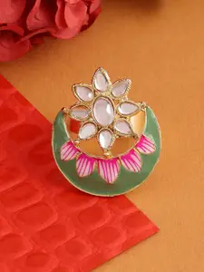 Zaveri Pearls Women Gold Plated Green & Pink Meenakari Kundan Studded Finger Ring