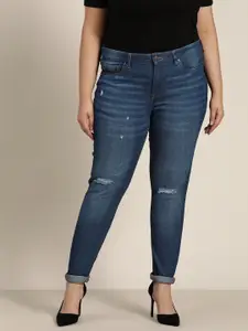 Sztori Women Plus Size Navy Blue Skinny Fit Mildly Distressed Light Fade Jeans