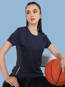 Chkokko Women Navy Blue Solid Yoga T-shirt