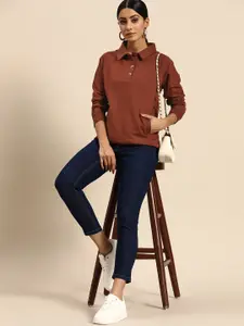 all about you Women Brown Solid Raglan Sleeves Polo Sweatshirt