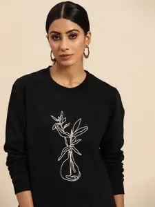 all about you Women Black Embroidered Sweatshirt