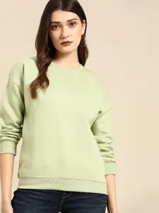 all about you Women Mint Green Solid Drop-Shoulder Sleeves Sweatshirt