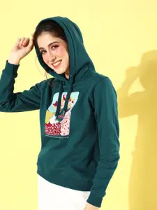all about you Women Green Printed Hooded Sweatshirt