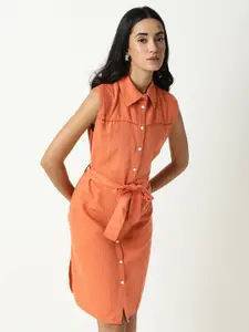 RAREISM Orange Solid Shirt Collar Sleeveless Shirt Dress