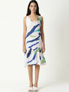 RAREISM White & Blue Abstract Printed V-Neck Drop-Waist Dress