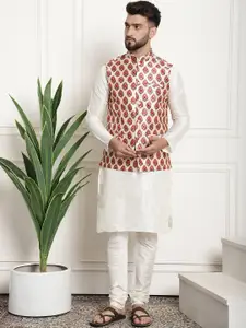 SOJANYA Men Cream-Coloured Floral Printed Layered Kurta with Dhoti Pants