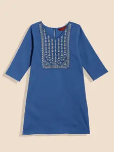 House of Pataudi Girls Blue Ethnic Motifs Yoke Design Pure Cotton Kurta