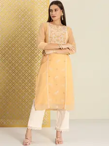 House of Pataudi Women Yellow Floral Embroidered Thread Work Floral Kurta