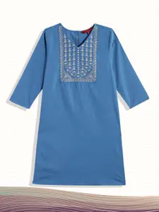 House of Pataudi Girls Blue Woven Design Pure Cotton Kurta