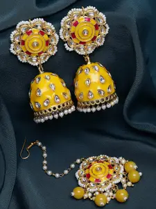 PANASH Yellow Gold-Plated Kundan Meenakari Maang Tikka with Earrings Set