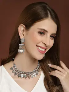 PANASH Oxidized Silver-Toned Leaf Shaped Choker Necklace with Earrings