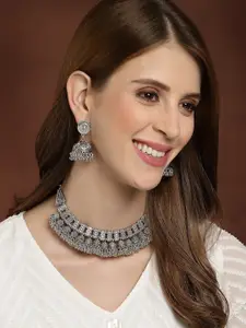 PANASH Silver-Toned Oxidized Handcrafted Choker Necklace with Earrings