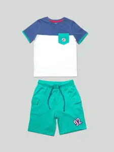 Zalio Boys White & Green Printed T-shirt with Shorts