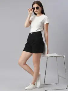 ZHEIA Women Black Loose Fit High-Rise Cotton Shorts