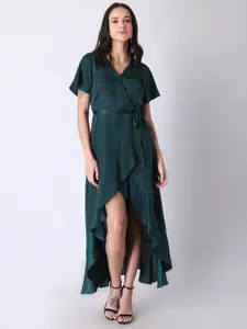 FabAlley Green Satin Maxi  Wrap Dress