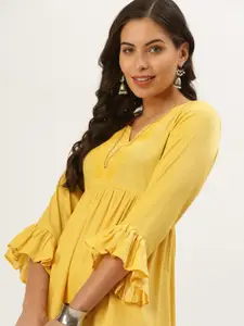 SHOWOFF Women Yellow Yoke Design Thread Work Straight Kurti