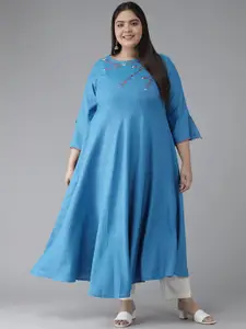 YASH GALLERY Women Plus Size Blue & Pink Floral Embroidered Floral Kurta