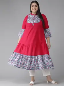 YASH GALLERY Plus Size Women Coral Pink & Blue Ethnic Motifs Printed Bell Sleeves Kurta