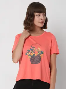 Vero Moda Women Pink Printed Drop-Shoulder Sleeves T-shirt