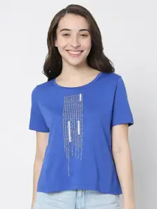 Vero Moda Women Blue & indigo Typography Printed T-shirt