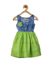 StyleStone Girls Green  Blue Tie-Dyed A-Line Denim dress
