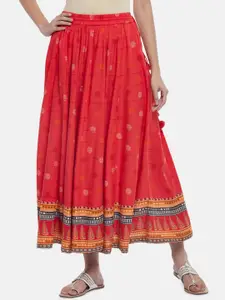 AKKRITI BY PANTALOONS Women Coral-Red & Yellow Printed Flared Maxi Skirt