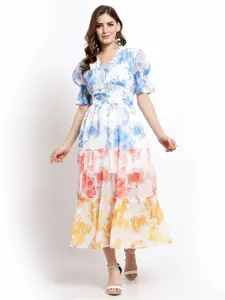 BLANC9 White & Blue Tie and Dye Dyed Chiffon Tiered Maxi Dress