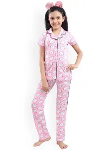 9shines Label Girls Pink & White Printed Pure Cotton Night suit